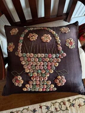 Handcrafted Floral Yo-Yo Basket Decorative Pillow - Brown